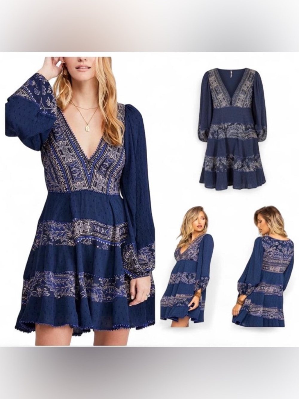 Free People My Love Mini Dress Indigo Combo Blue Floral Boho Size Small